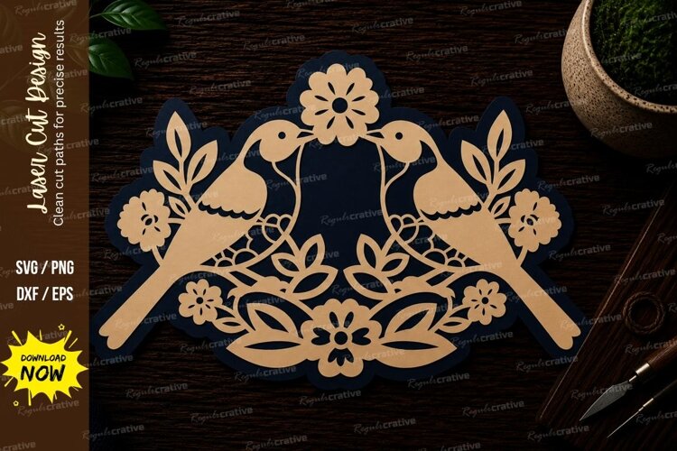 Lovebirds Floral Wreath Laser Cut SVG File lovebirds wreath example image 1