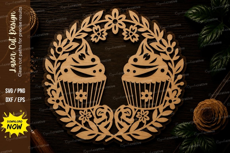 Cupcake Floral Wreath Laser Cut SVG File cupcake svg, cupcak