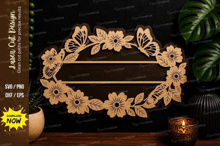 Floral Name Frame laser cut svg File floral name frame laser example image 1