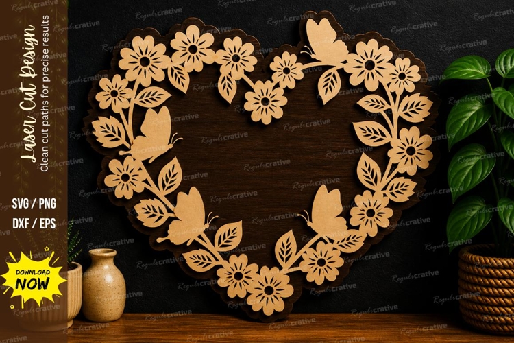 Floral Heart Frame laser cut svg File, floral heart frame example image 1
