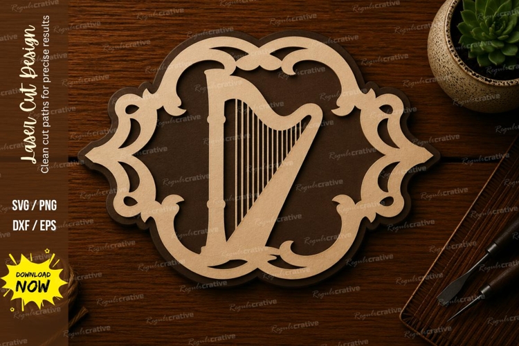 Elegant Harp Frame Ornament Laser Cut SVG File harp svg