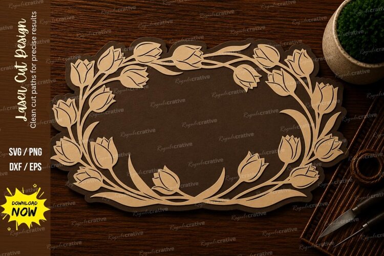 Tulip Floral Rectangle Frame Laser Cut SVG File tulip floral example image 1