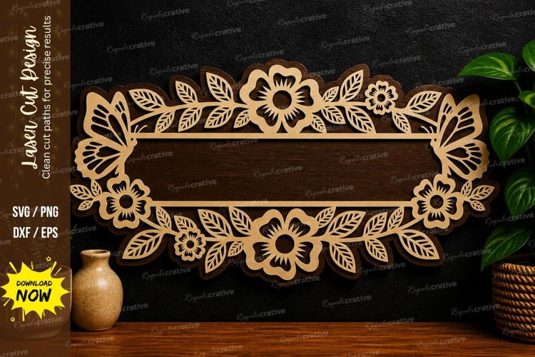 Floral Name Plate Frame laser cut svg File floral name plate example image 1