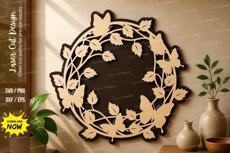 Butterfly Leaf Wreath Frame laser cut svg File butterfly SVG example image 1