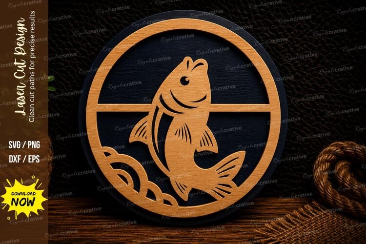 Jumping Fish Round Laser Cut SVG Design fish svg, jumping example image 1