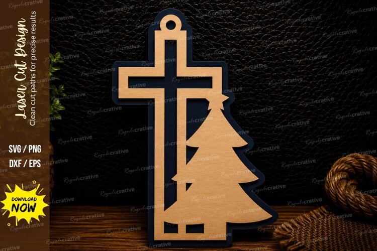 Cross and Christmas Tree Ornament Laser Cut SVG Design cross example image 1