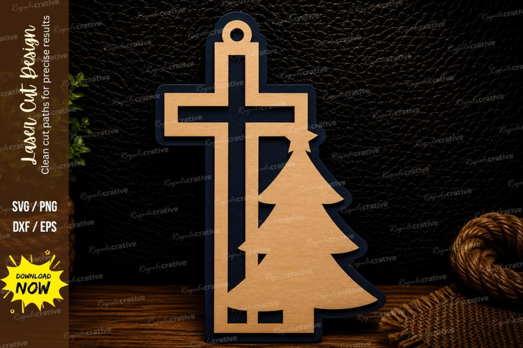 Cross and Christmas Tree Ornament Laser Cut SVG Design cross