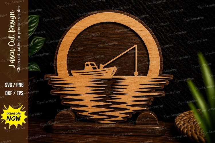 Fishing Boat Lake Scene Laser Cut SVG Design fishing boat