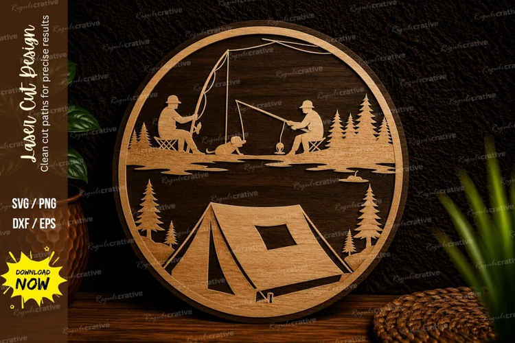Camping and Fishing Scene Laser Cut SVG Design camping svg,
