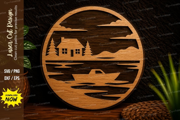 Lakeside Cabin Landscape Laser Cut SVG Design cabin svg