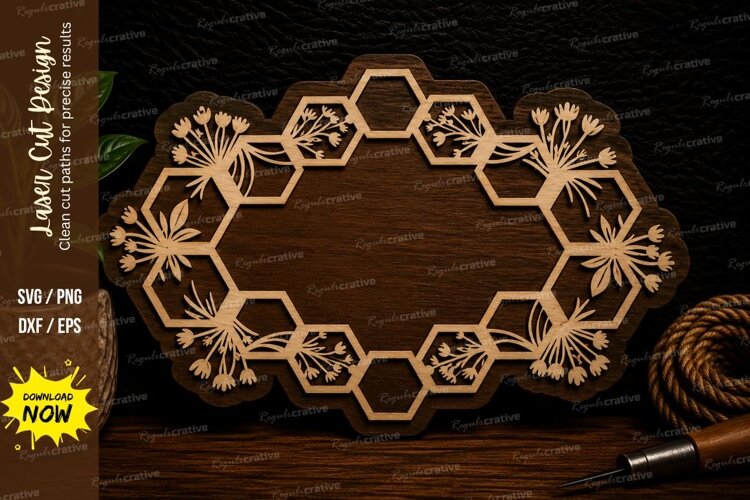 Honeycomb Floral Frame Laser Cut Svg Design honeycomb floral example image 1
