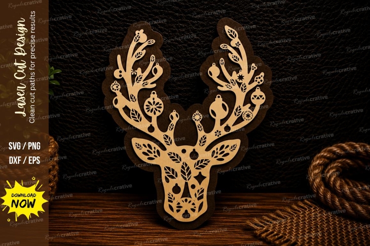 Floral Deer Head Woodland Wall Decor Laser Cut SVG File flor
