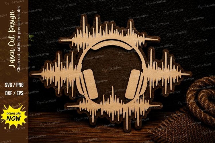 Headphones Sound Wave Music Wall Decor Laser Cut SVG File he example image 1