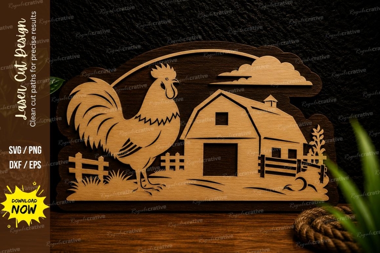 Rooster Barnyard Landscape Laser Cut Svg Design rooster