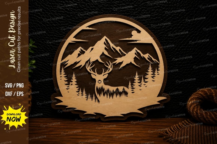Mountain Deer Round Scene Laser Cut Svg Design deer landscap