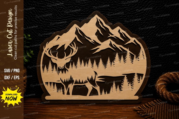 Mountain Elk Wilderness Scene Laser Cut Svg Design mountain