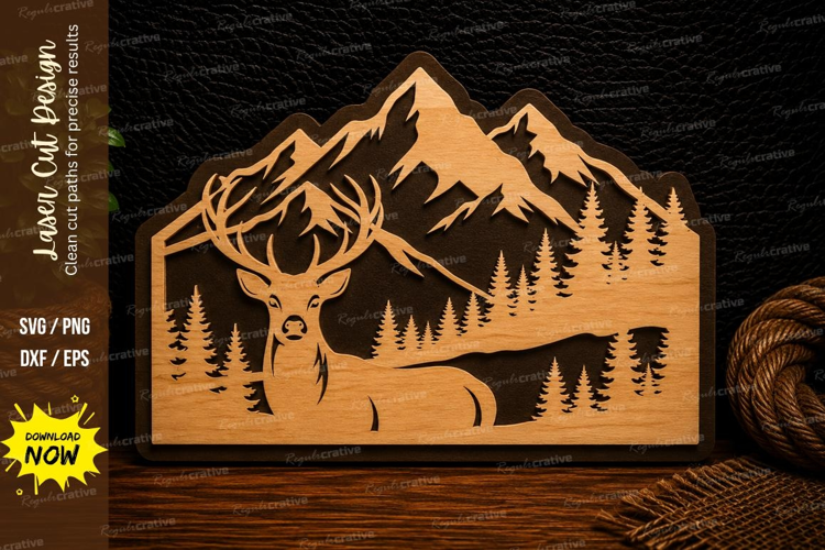 Mountain Deer Forest Scene Laser Cut Svg Design mountain dee