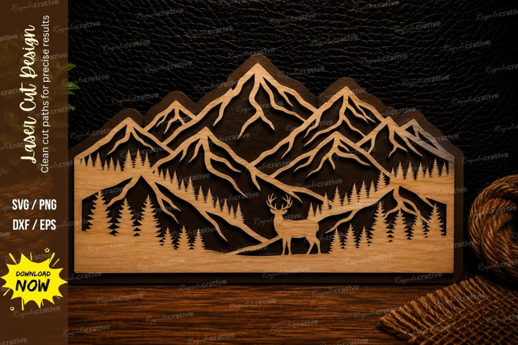 Mountain Deer Wilderness Scene Laser Cut Svg Design mountain