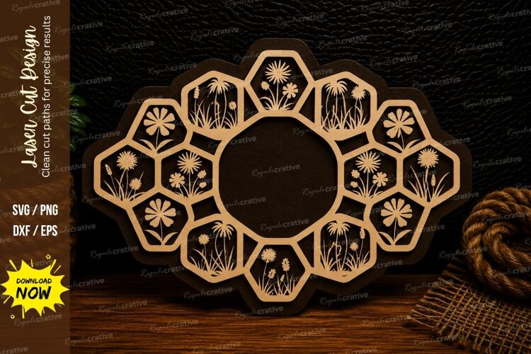 Snowflake Honeycomb Frame Laser Cut Svg Design snowflake fra example image 1