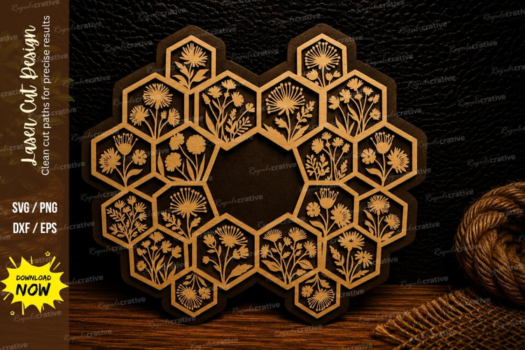 Floral Honeycomb Frame Laser Cut Svg Design honeycomb floral
