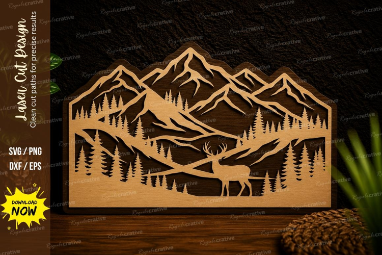 Mountain Elk Forest Landscape Laser Cut Svg Design mountain
