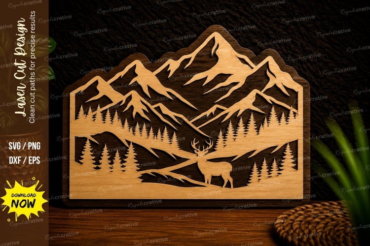 Mountain Deer Wilderness Scene Laser Cut SVG Design mountain