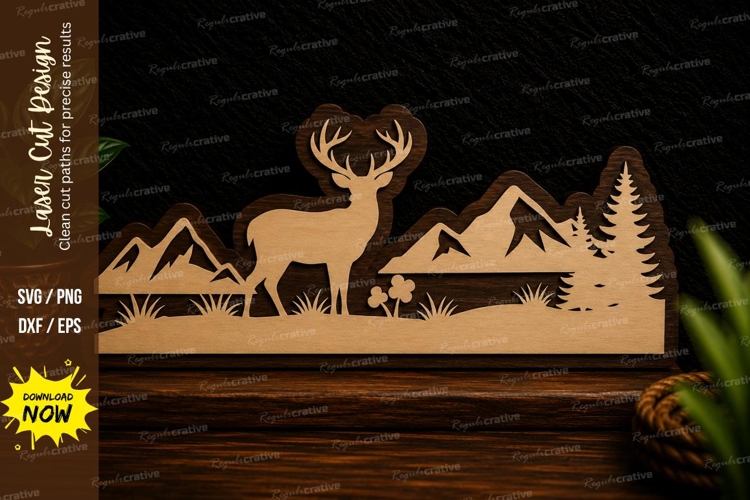 Mountain Deer Wilderness Scene Laser Cut SVG Design mountain