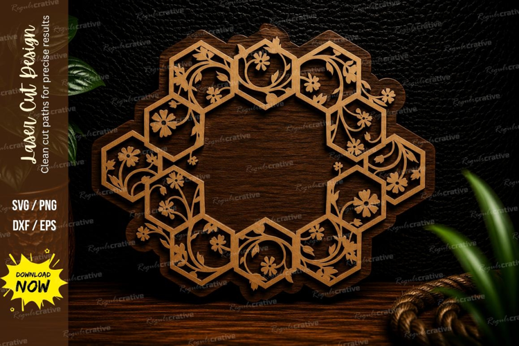Hexagon Floral Wreath Frame Laser Cut SVG Design hexagon