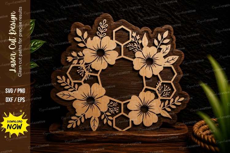 Floral Honeycomb Round Frame Laser Cut SVG Design floral
