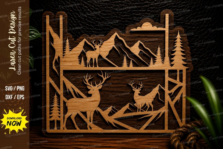 Layered Deer Mountain Forest Scene Laser Cut SVG Design