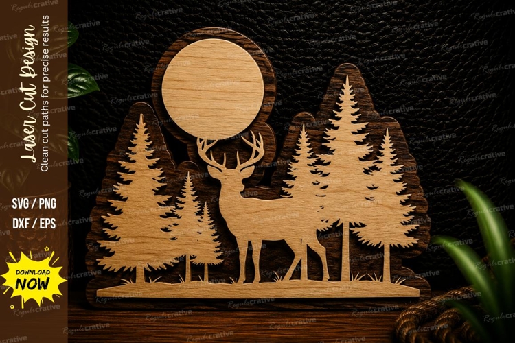 Moonlit Deer Forest Landscape Laser Cut SVG Design moon deer