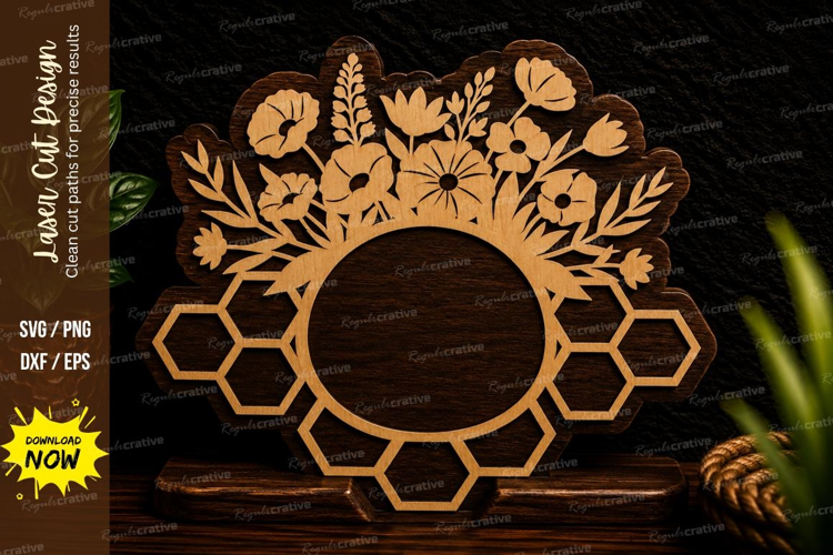 Floral Honeycomb Round Frame Laser Cut SVG Design floral hon