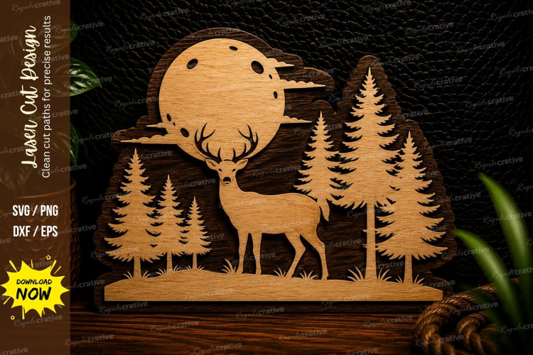 Moonlit Deer Forest Scene Laser Cut SVG Design moon deer