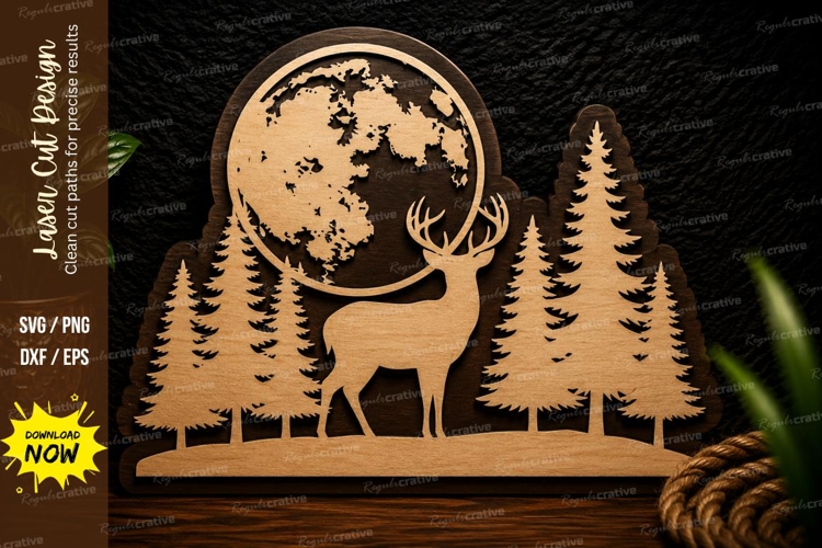 Full Moon Deer Forest Landscape Laser Cut SVG Design