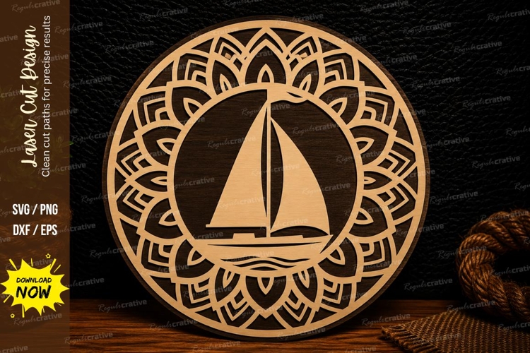 Mandala Sailboat Round Laser Cut SVG Design mandala sailboat