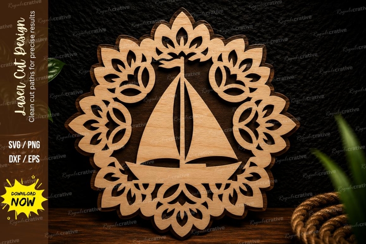 Floral Sailboat Round Frame Laser Cut SVG Design floral sail