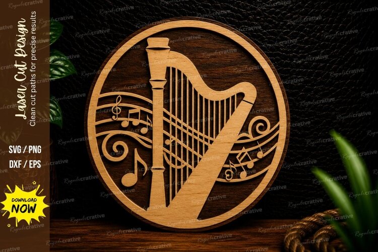 Harp Music Circle Laser Cut SVG Design harp svg, musical har example image 1