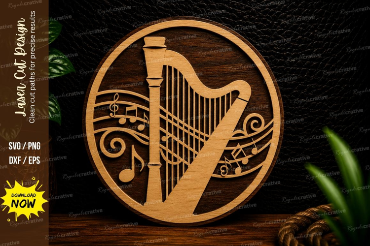 Harp Music Circle Laser Cut SVG Design harp svg, musical har
