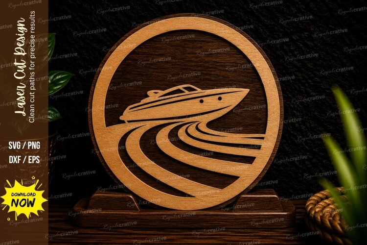 Speedboat Circle Nautical Laser Cut SVG Design speedboat svg example image 1