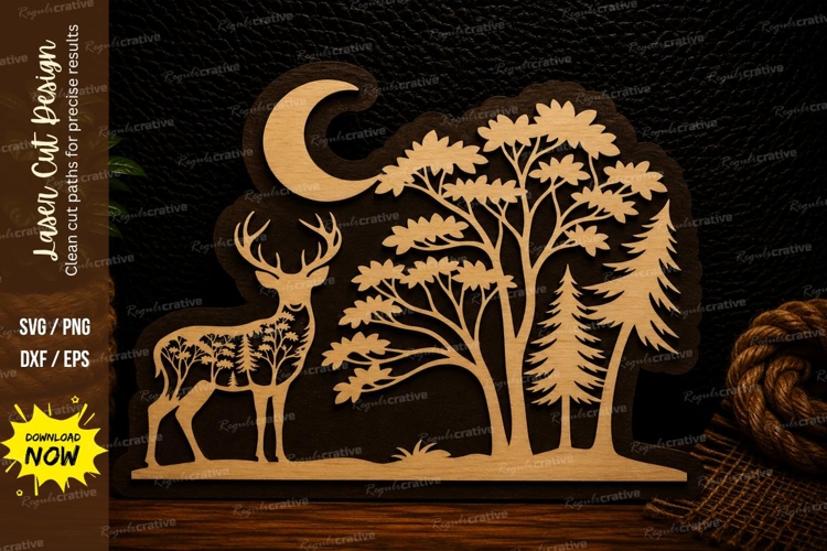 Moonlit Deer Tree Landscape Laser Cut SVG Design moon deer