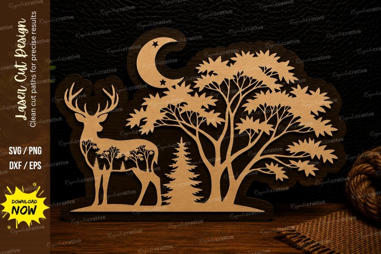 Moonlit Deer Woodland Tree Laser Cut SVG Design moon deer