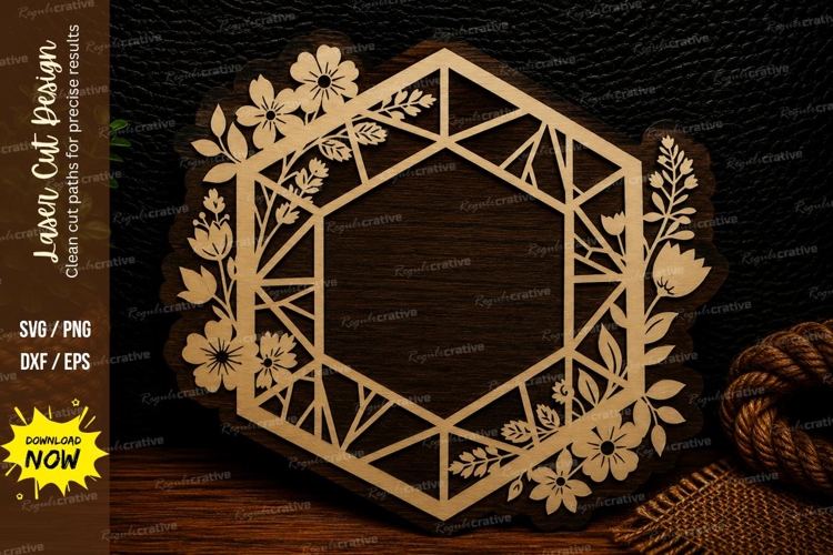 Geometric Floral Hexagon Monogram Frame Laser Cut SVG Design
