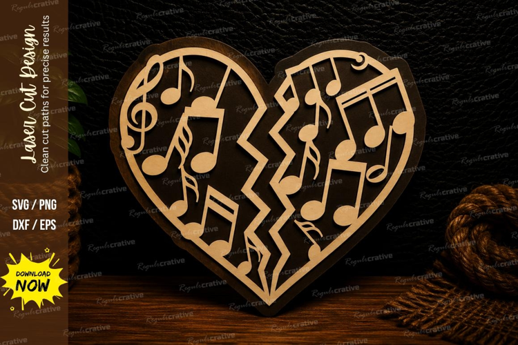 Broken Music Heart Laser Cut SVG Design broken heart music