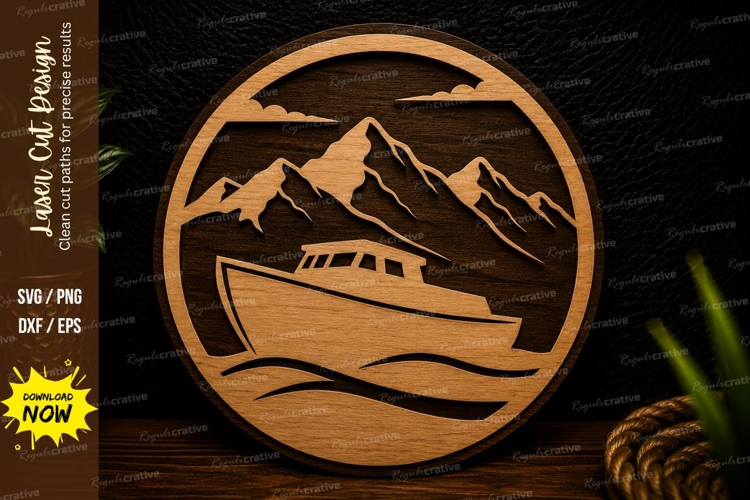 Mountain Boat Landscape Circle Laser Cut SVG Design mountain