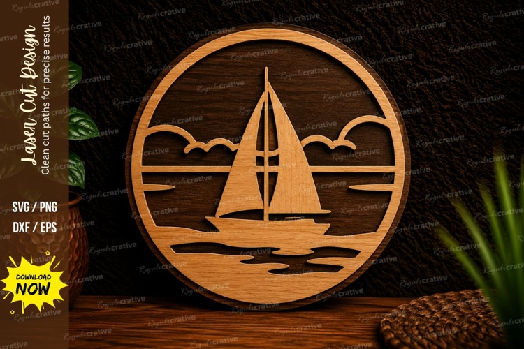 Minimal Sailboat Sunset Circle Laser Cut SVG Design sailboat