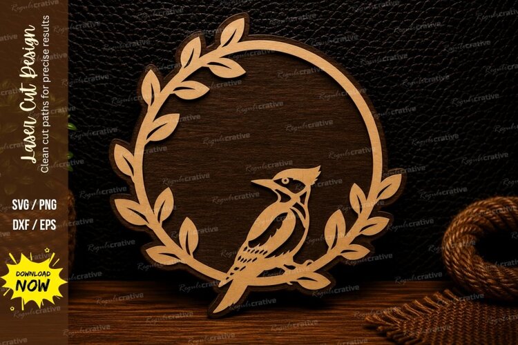 Woodpecker Laurel Wreath Laser Cut SVG Design woodpecker svg example image 1