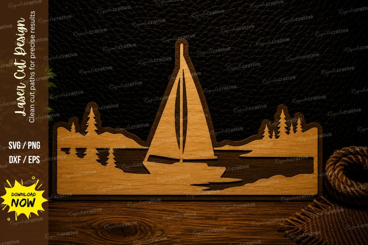 Peaceful Sailboat Lake Scene Laser Cut SVG Design sailboat