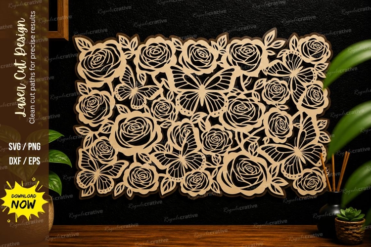 Rose Floral Laser Cut Wall Art, rose floral laser cut file