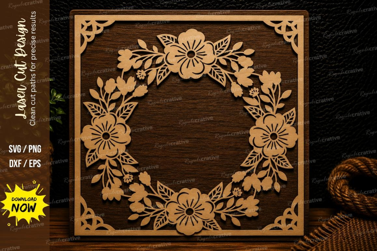 Square Floral Wreath Frame Laser Cut SVG Design square flora