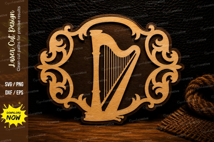 Elegant Harp Scroll Frame Laser Cut SVG Design harp svg, ele